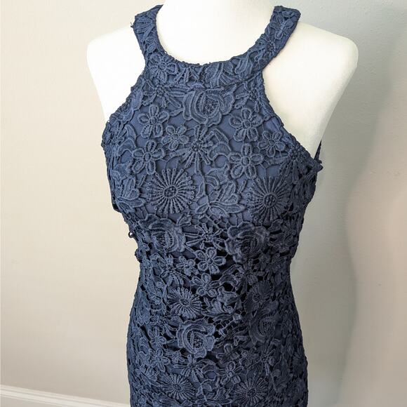 Lulus Navy Blue Love Poem Halter Lace Overlay Sheath Midi Dress Size Small - Picture 2 of 8